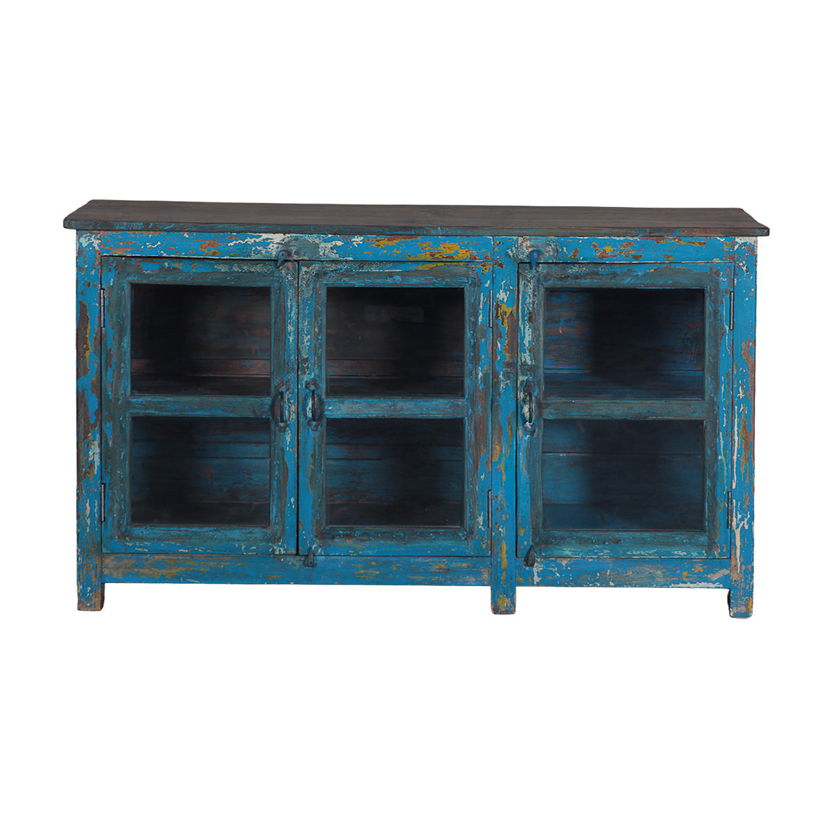 Blue Teak Sideboard With 3 Glass Doors