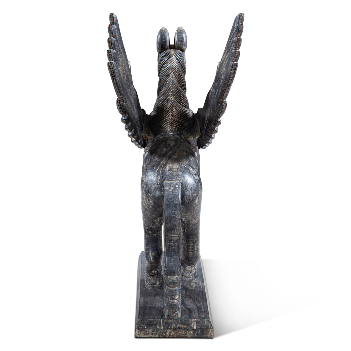 Hand Carved Wood Flying Horse Sculpture on Stand