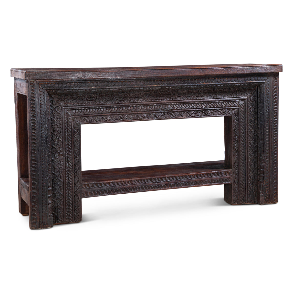 Finely Carved Wood Console Table with Bottom Shelf