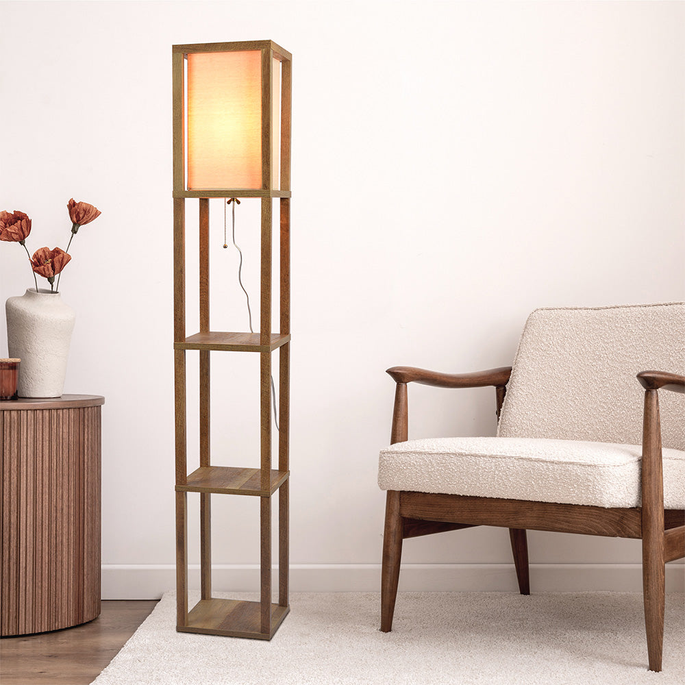 Pinnacle Shelf Floor Lamp For Bedroom/Living Room, Natural Wood with Long Shade by Ashcroft Imports at Eve Furniture
