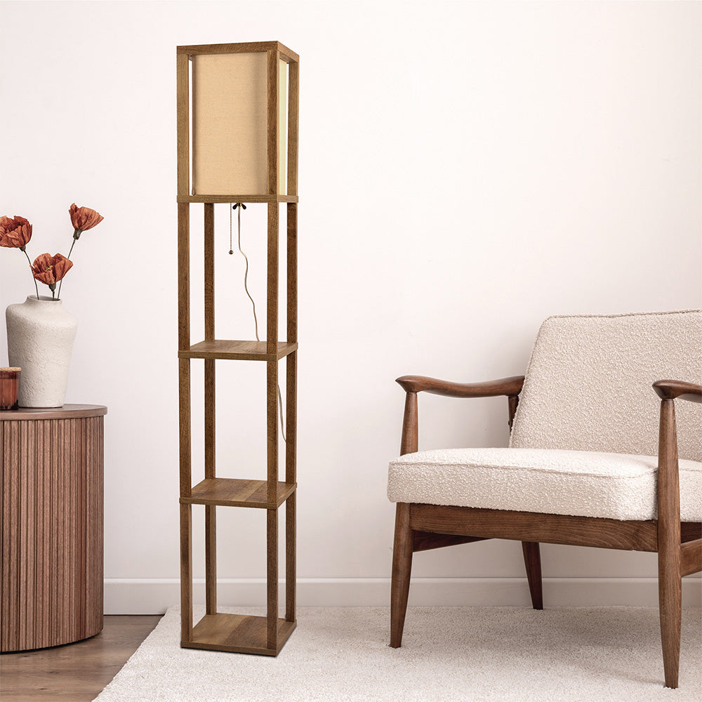 Pinnacle Shelf Floor Lamp For Bedroom/Living Room, Natural Wood with Long Shade by Ashcroft Furniture at Eve Furniture