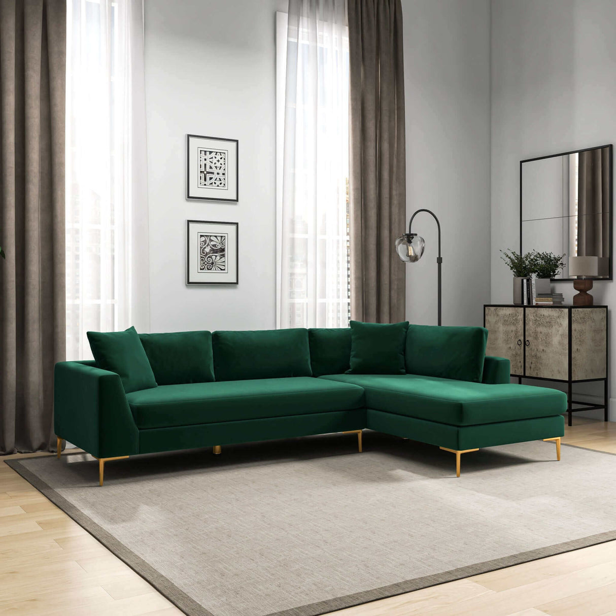 Mano L-Shaped Velvet Sectional Sofa In Green Right Facing by Ashcroft Imports at Eve Furniture