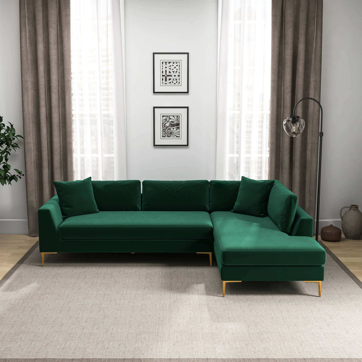 Mano L-Shaped Velvet Sectional Sofa In Green Right Facing by Ashcroft Imports at Eve Furniture