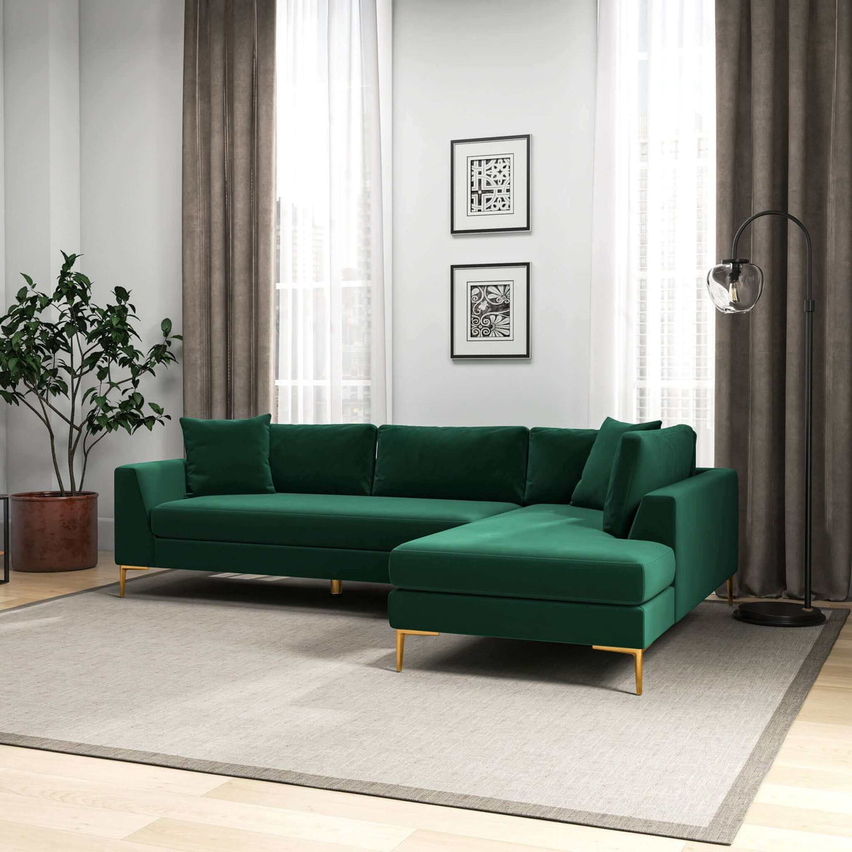 Mano L-Shaped Velvet Sectional Sofa In Green Right Facing by Ashcroft Imports at Eve Furniture
