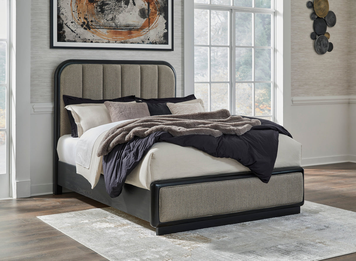 Rowanbeck Gray/Black Queen Upholstered Panel Bed by Ashley at Eve Furniture