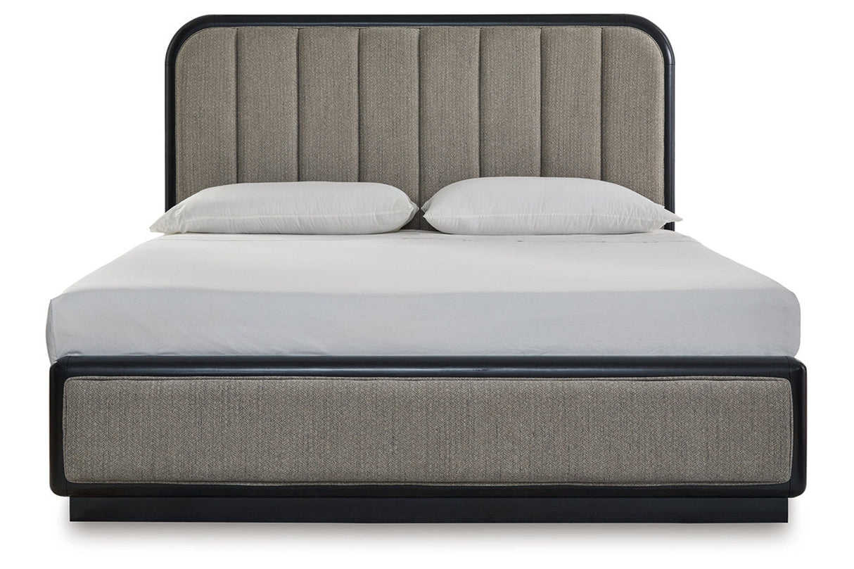 Rowanbeck Gray/Black Upholstered Panel Bedroom Set by Ashley at Eve Furniture