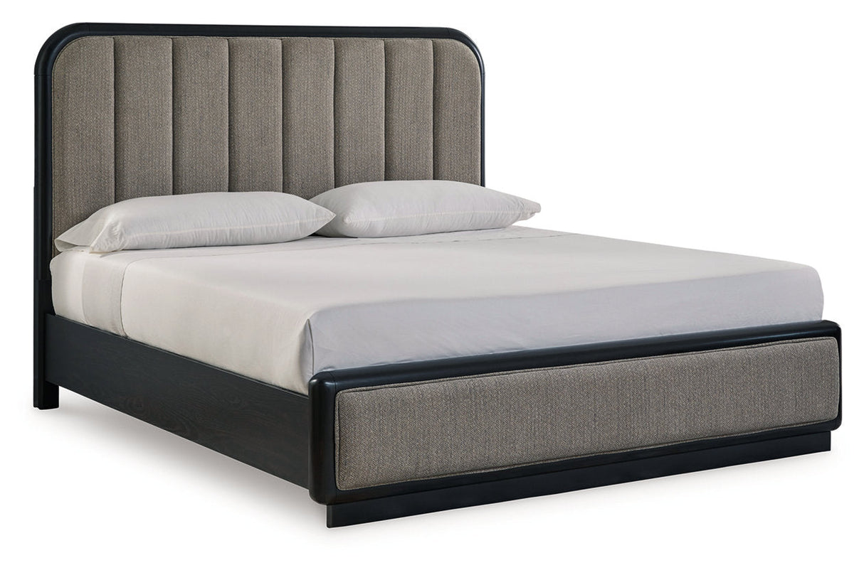 Rowanbeck Gray/Black Upholstered Panel Bedroom Set by Ashley at Eve Furniture