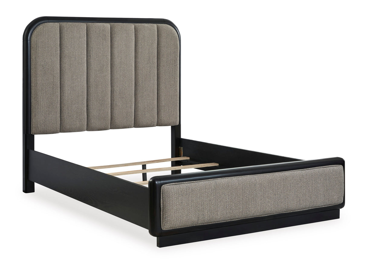 Rowanbeck Gray/Black Upholstered Panel Bedroom Set by Ashley at Eve Furniture