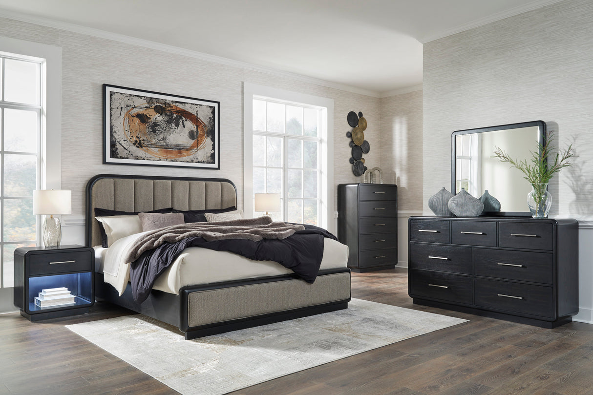 Rowanbeck Gray/Black Upholstered Panel Bedroom Set by Ashley at Eve Furniture