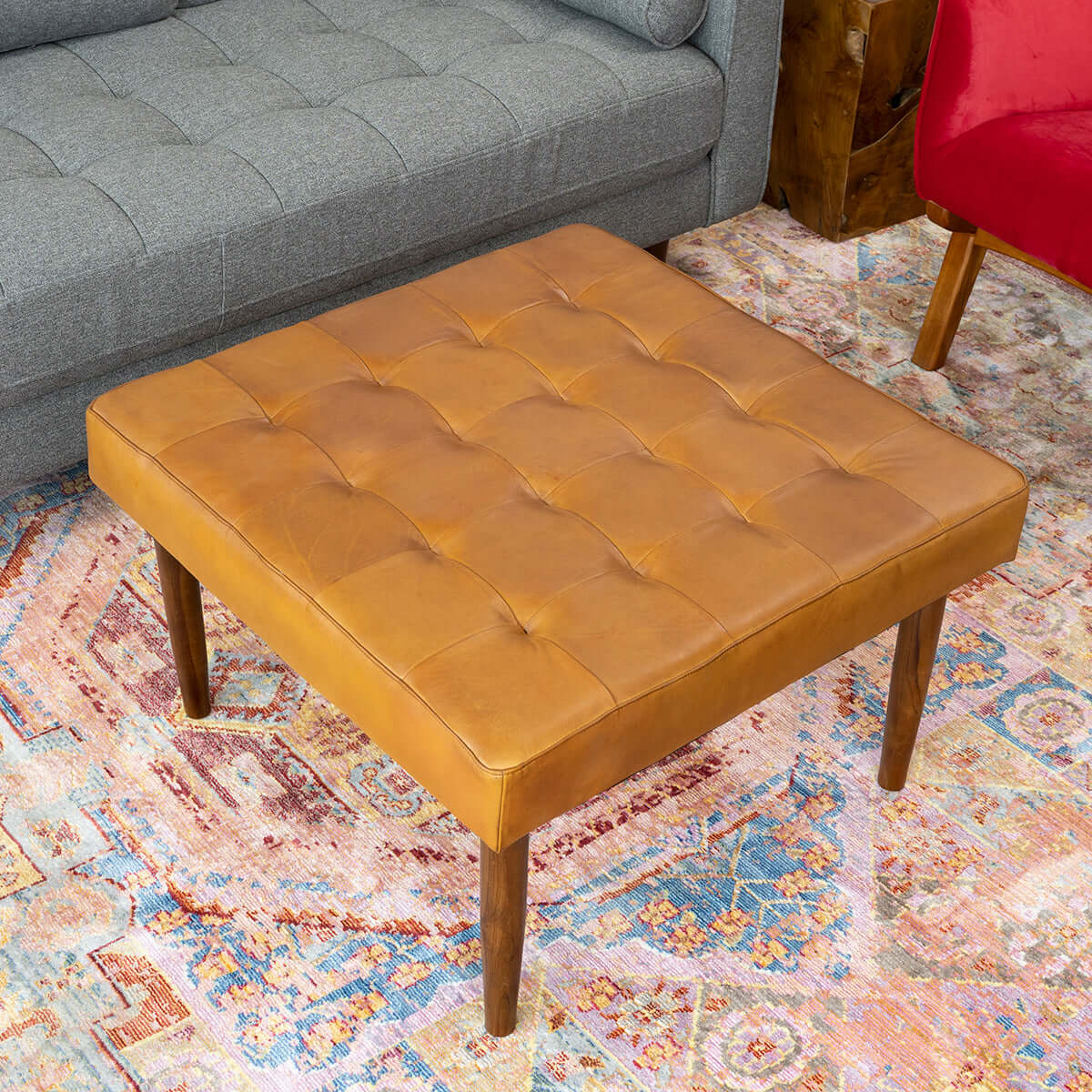 Mark Mid-Century Tufted Square Genuine Leather Upholstered Ottoman In Tan by Ashcroft Imports at Eve Furniture
