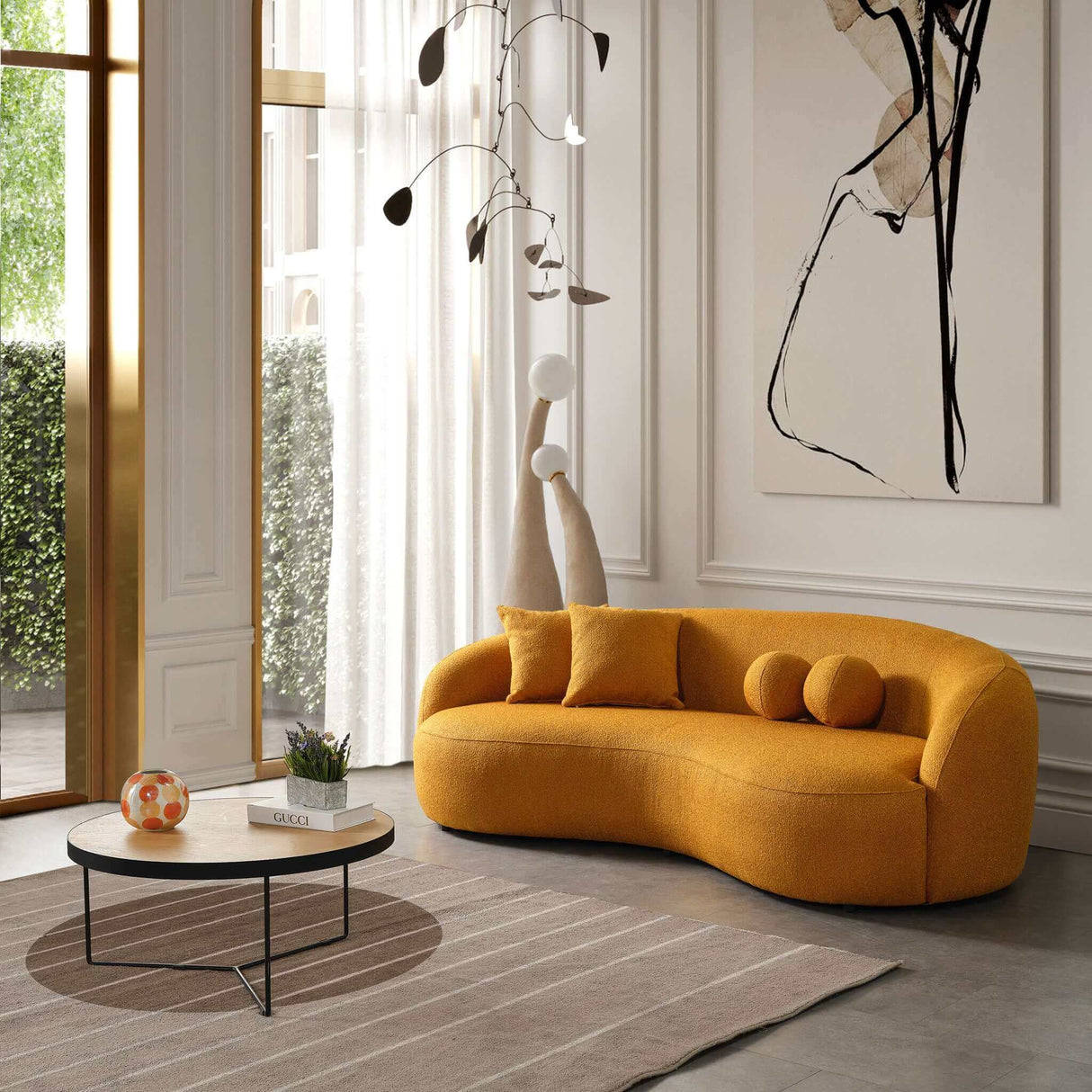 Drake Japandi Style Curvy Gold Boucle Sofa by Ashcroft Furniture at Eve Furniture
