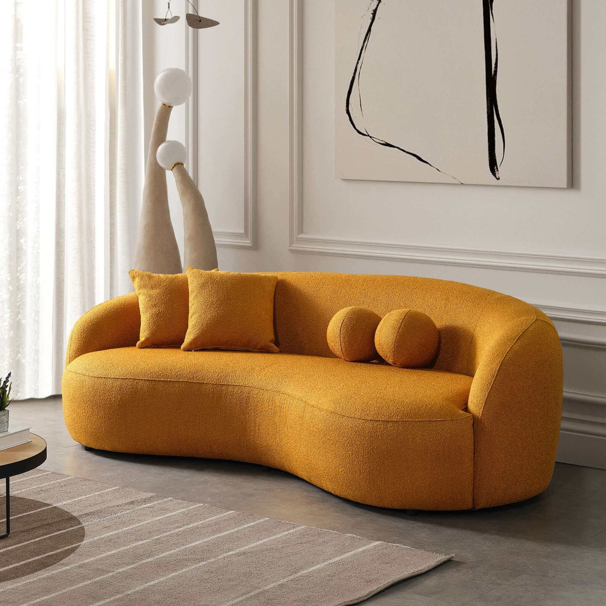 Drake Japandi Style Curvy Gold Boucle Sofa by Ashcroft Furniture at Eve Furniture