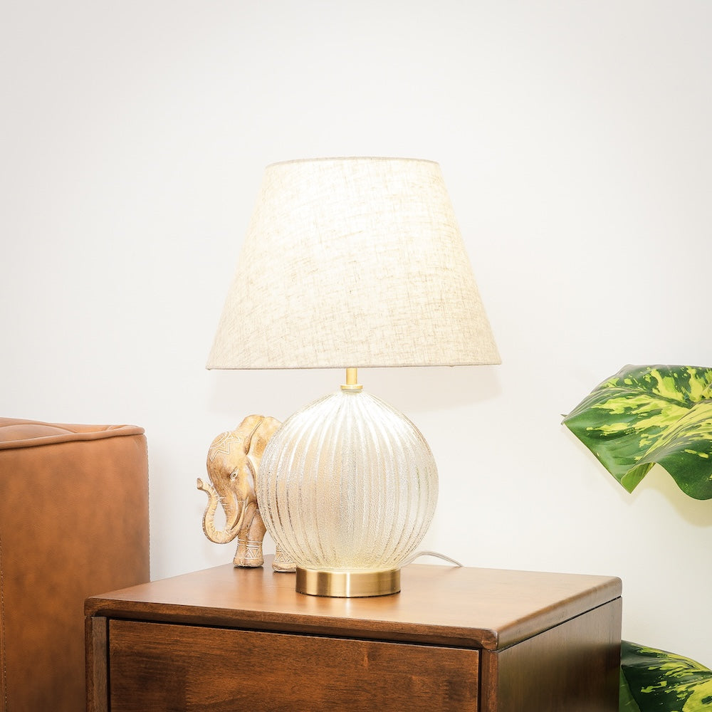 Serenity Round Ribbed Glass Lamp Base Clear Table Lamp Large Linen Shade by Ashcroft Imports at Eve Furniture