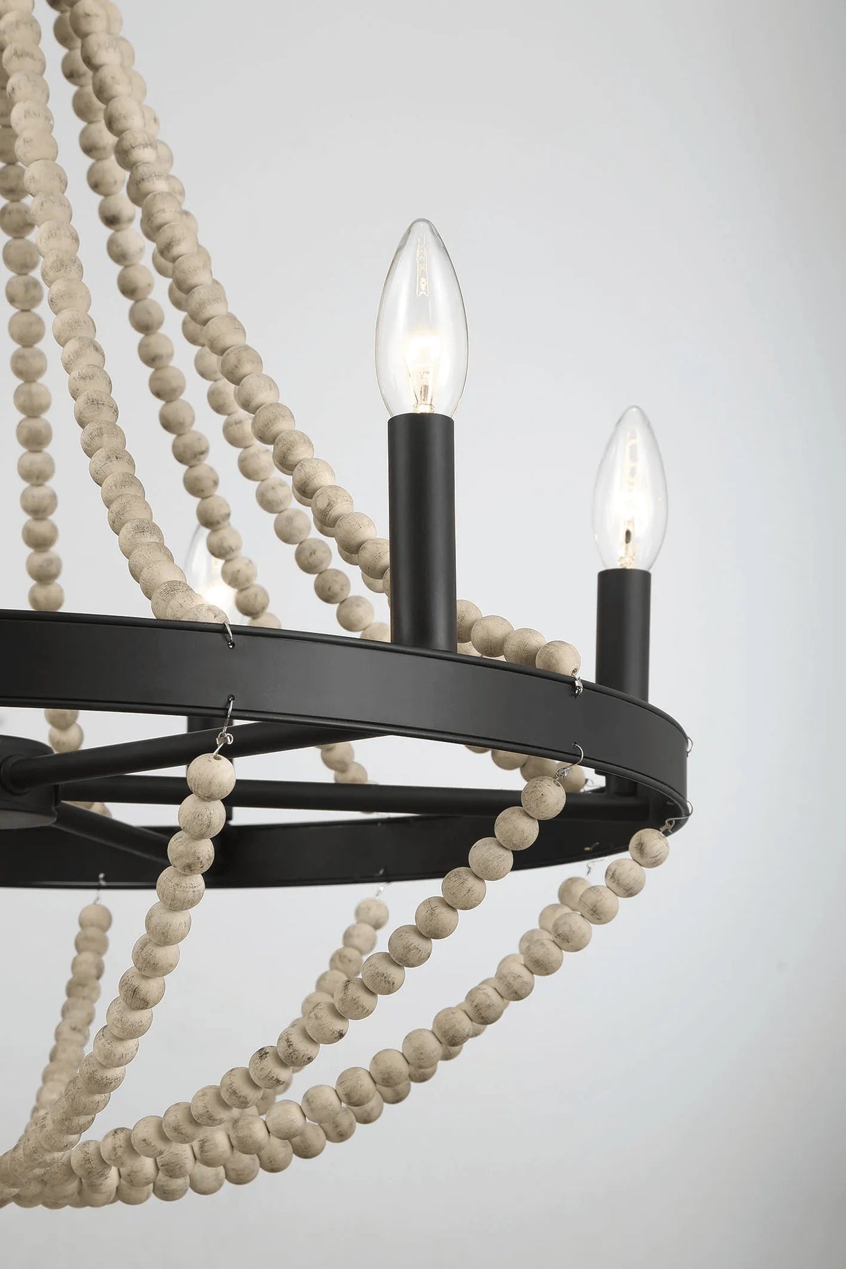 Starry Wood Chandelier Farmhouse Six Candle Light Wood Beaded Black Pendant Light for Dining Room by Ashcroft Furniture at Eve Furniture