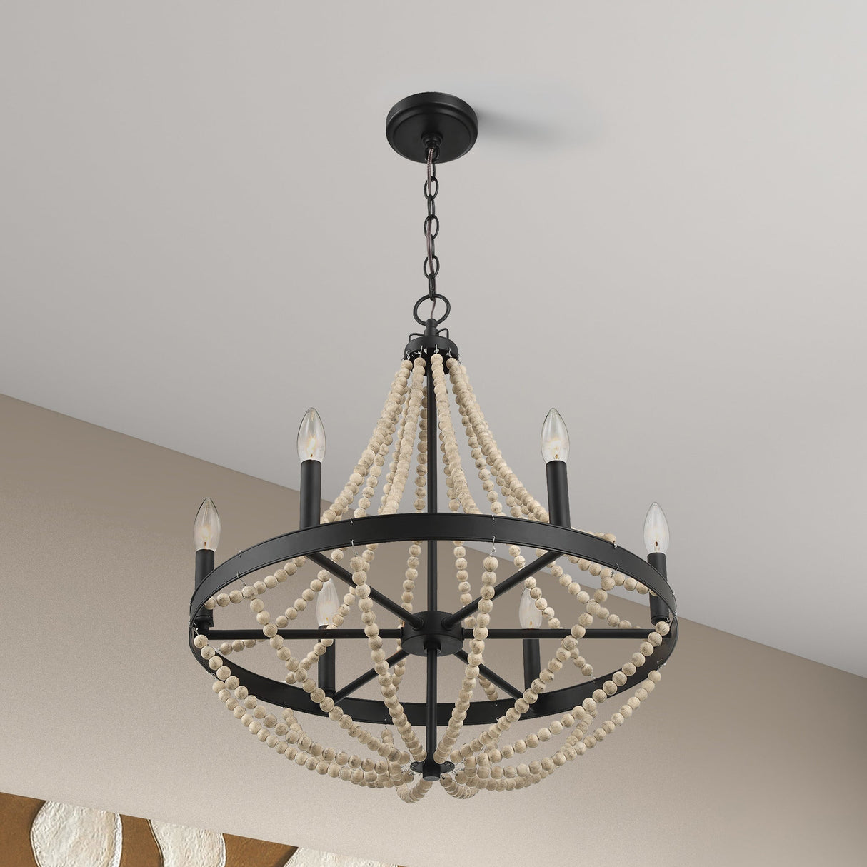 Starry Wood Chandelier Farmhouse Six Candle Light Wood Beaded Black Pendant Light for Dining Room by Ashcroft Furniture at Eve Furniture