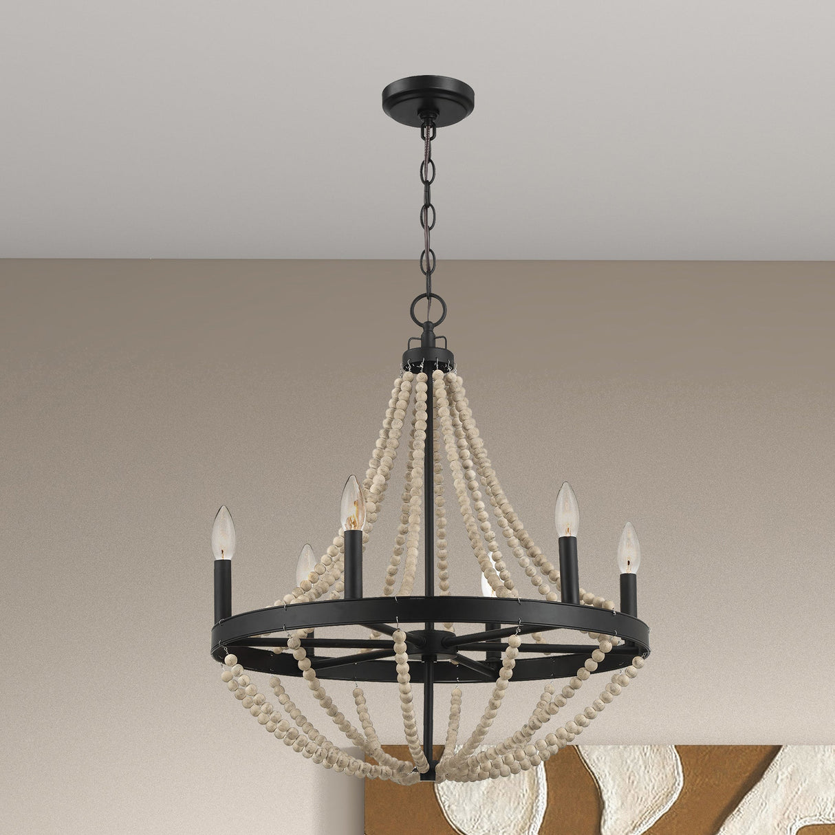 Starry Wood Chandelier Farmhouse Six Candle Light Wood Beaded Black Pendant Light for Dining Room by Ashcroft Furniture at Eve Furniture