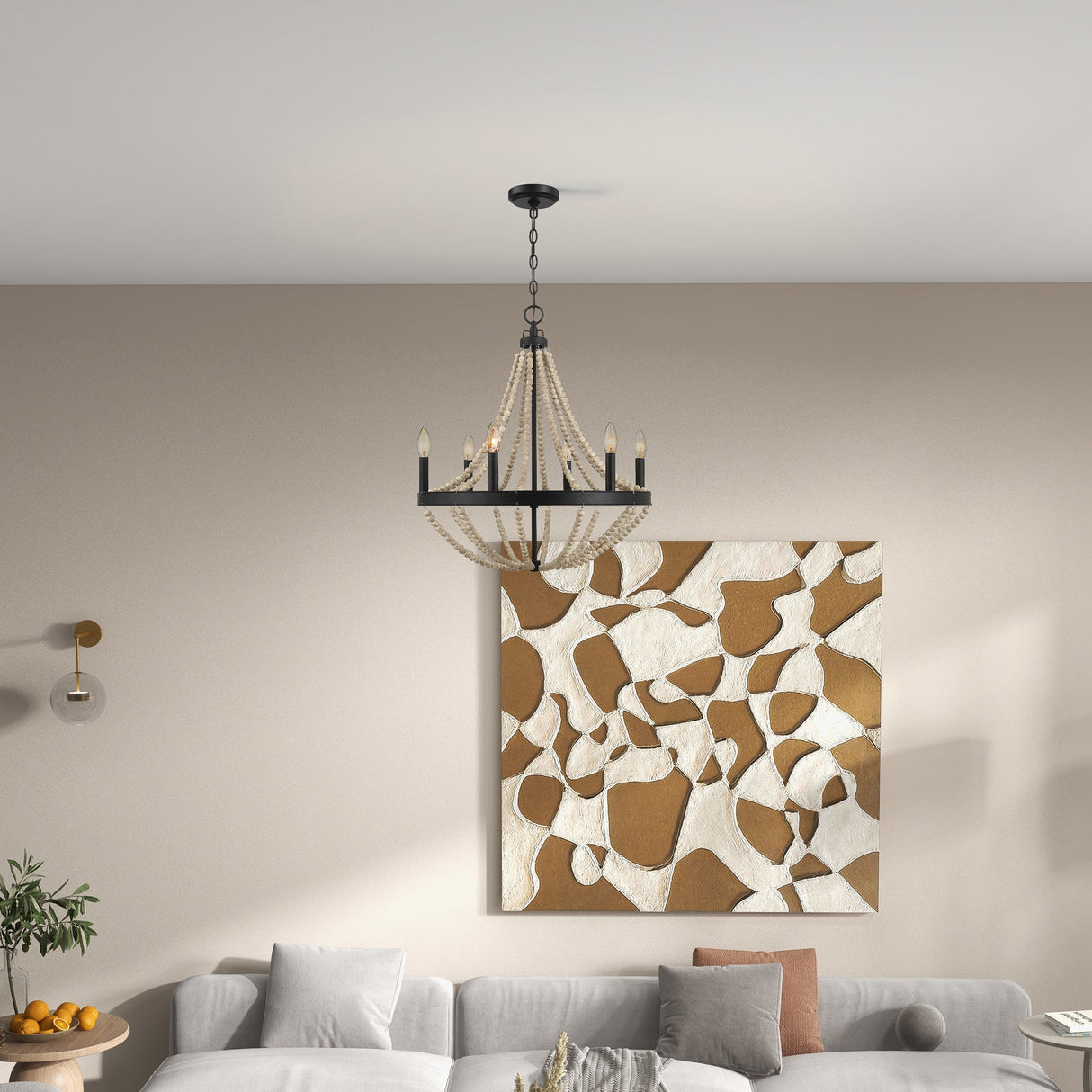 Starry Wood Chandelier Farmhouse Six Candle Light Wood Beaded Black Pendant Light for Dining Room by Ashcroft Furniture at Eve Furniture