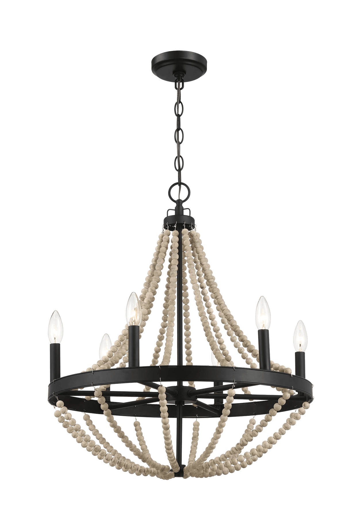 Starry Wood Chandelier Farmhouse Six Candle Light Wood Beaded Black Pendant Light for Dining Room by Ashcroft Imports at Eve Furniture