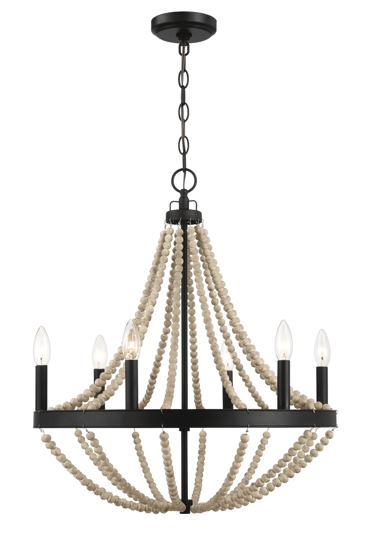 Starry Wood Chandelier Farmhouse Six Candle Light Wood Beaded Black Pendant Light for Dining Room by Ashcroft Imports at Eve Furniture