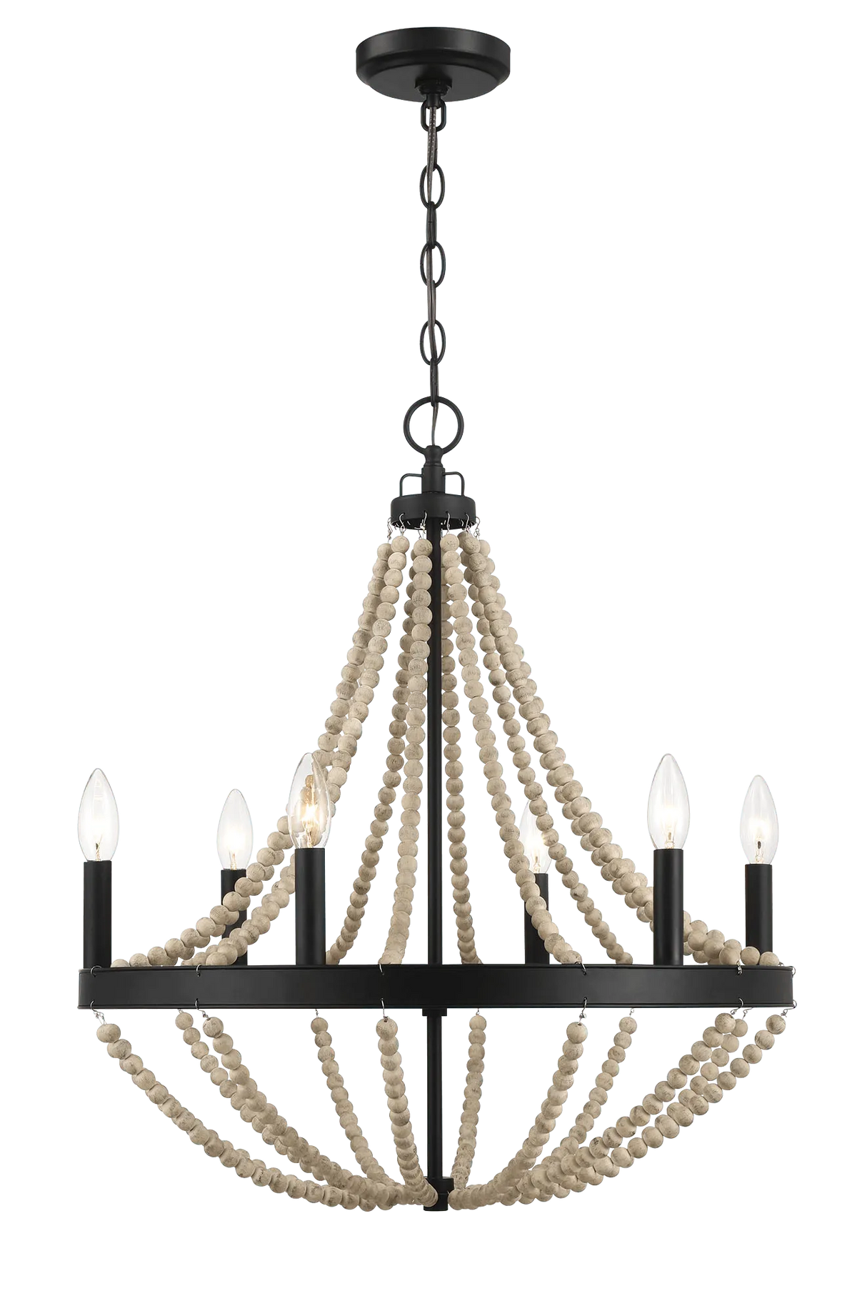 Starry Wood Chandelier Farmhouse Six Candle Light Wood Beaded Black Pendant Light for Dining Room by Ashcroft Furniture at Eve Furniture