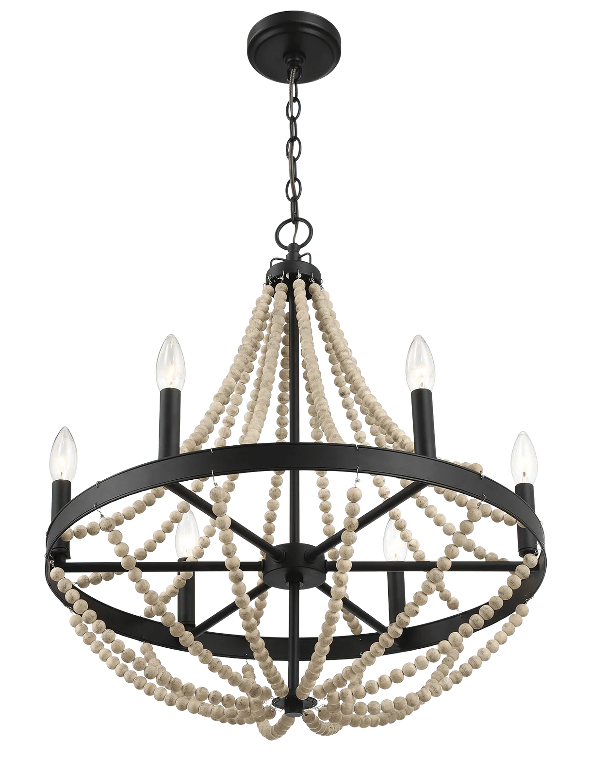 Starry Wood Chandelier Farmhouse Six Candle Light Wood Beaded Black Pendant Light for Dining Room by Ashcroft Furniture at Eve Furniture