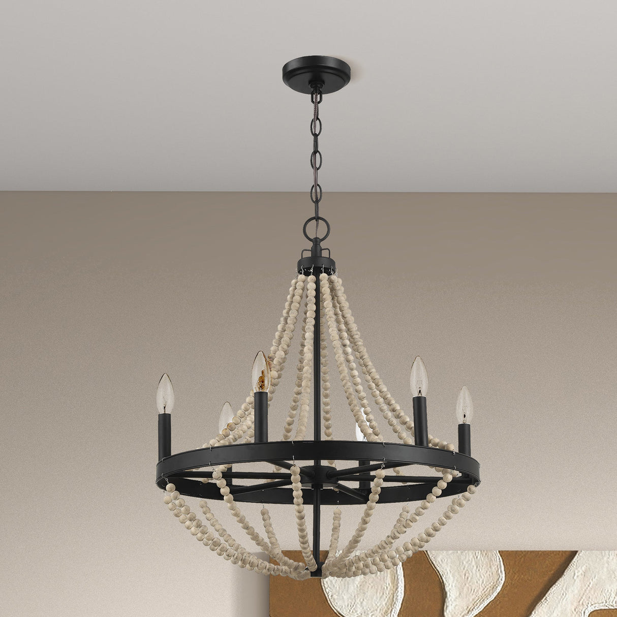 Starry Wood Chandelier Farmhouse Six Candle Light Wood Beaded Black Pendant Light for Dining Room by Ashcroft Furniture at Eve Furniture