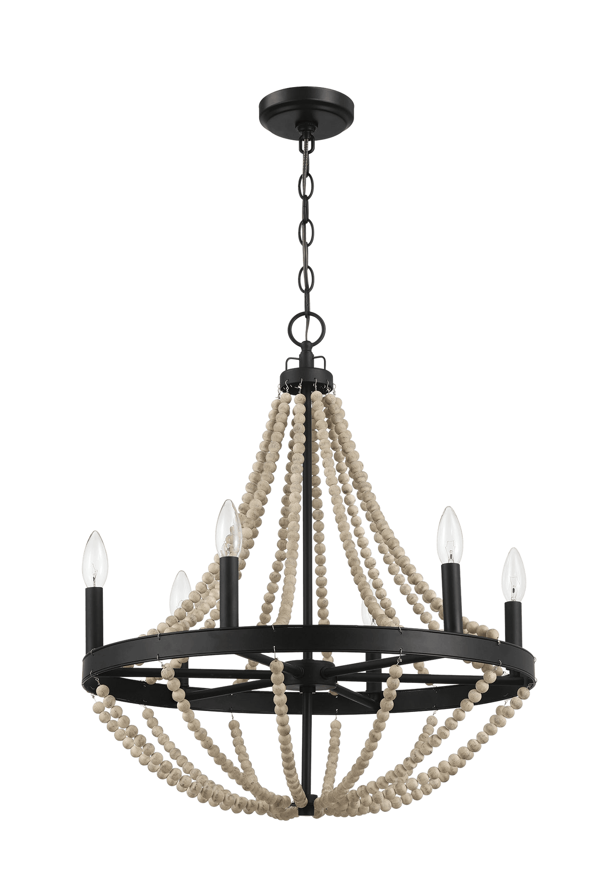 Starry Wood Chandelier Farmhouse Six Candle Light Wood Beaded Black Pendant Light for Dining Room by Ashcroft Imports at Eve Furniture