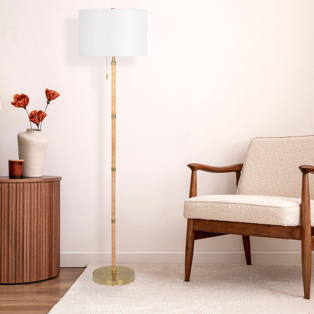 Stellar Wood Rattan Tube , Gold Brass Metal and White Linen Shade Floor Lamp by Ashcroft Imports at Eve Furniture