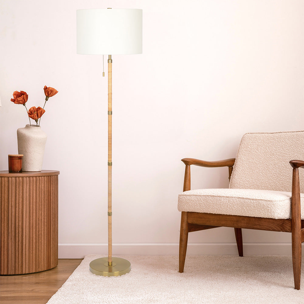 Stellar Wood Rattan Tube , Gold Brass Metal and White Linen Shade Floor Lamp by Ashcroft Imports at Eve Furniture