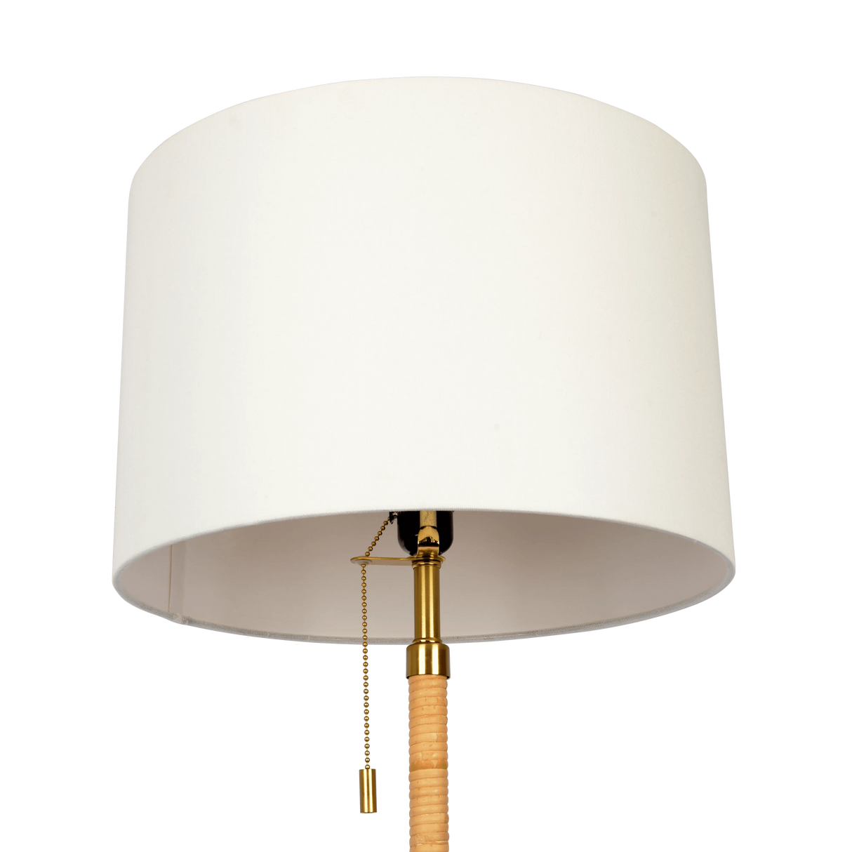 Stellar Wood Rattan Tube , Gold Brass Metal and White Linen Shade Floor Lamp by Ashcroft Furniture at Eve Furniture