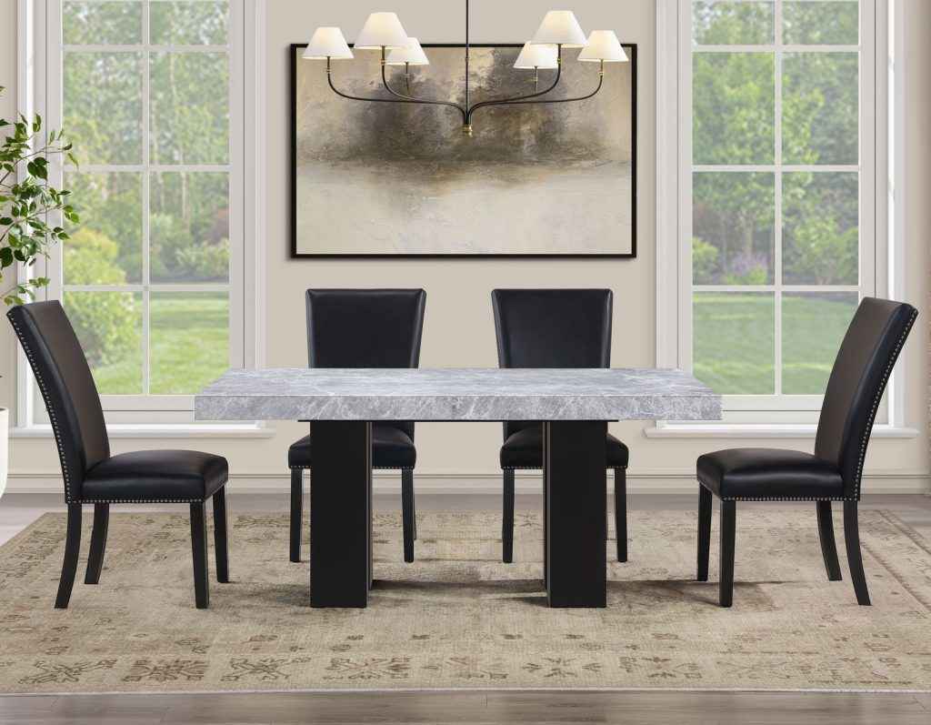Artemis 5-Piece 70″ Rect Gray Marble Table, Black Finish w/4 Black Vegan Leather Chairs