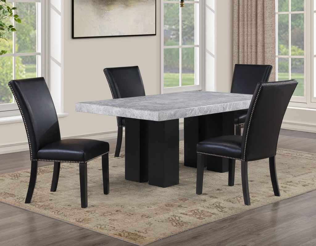 Artemis 5-Piece 70″ Rect Gray Marble Table, Black Finish w/4 Black Vegan Leather Chairs