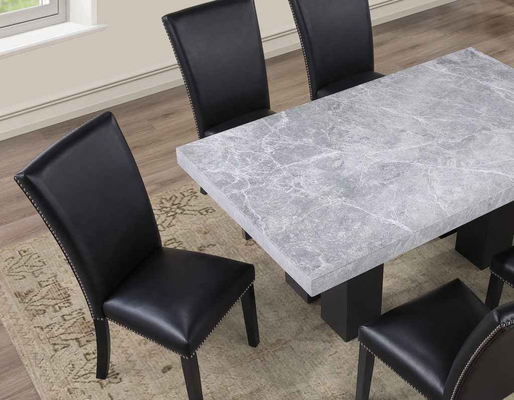 Artemis 5-Piece 70″ Rect Gray Marble Table, Black Finish w/4 Black Vegan Leather Chairs