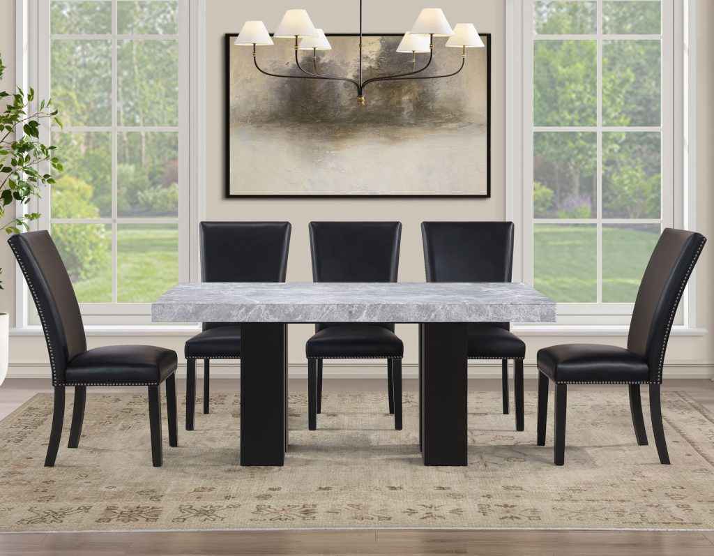 Artemis 5-Piece 70″ Rect Gray Marble Table, Black Finish w/4 Black Vegan Leather Chairs