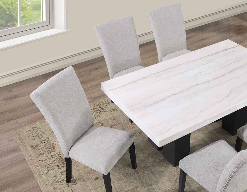 Artemis 5 Piece 70″ Rect White Marble Table, Black Finish w/4 Gray Chenille Chairs