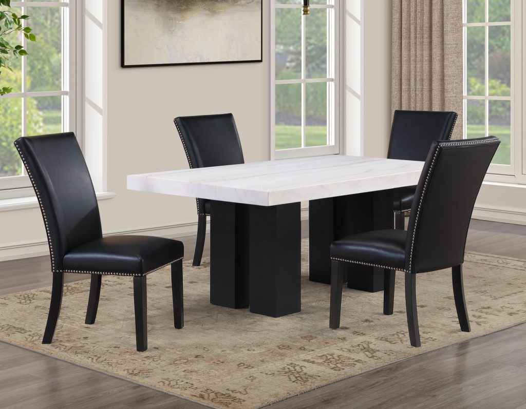 Artemis 5 Piece 70″ Rect White Marble Table, Black Finish w/4 Black Vegan Leather Chairs