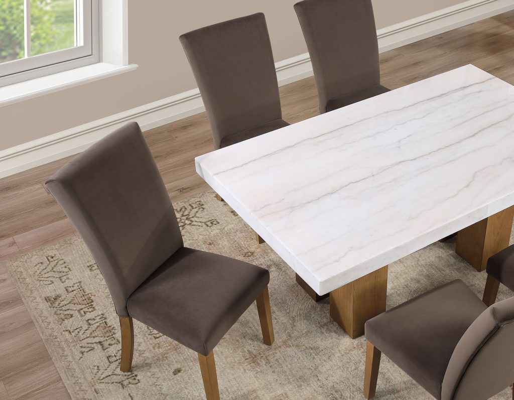 Artemis 70″ Rect White Marble Table, Tan Finish with 4 Brown Velvet Chairs