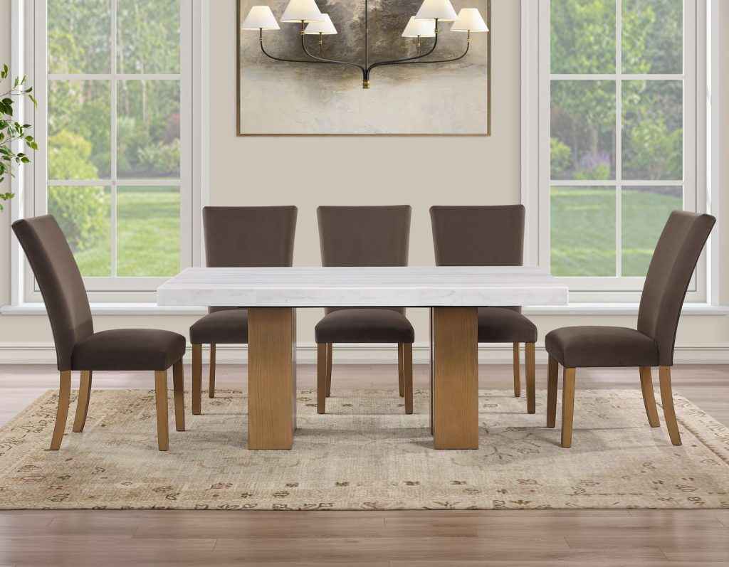 Artemis 70″ Rect White Marble Table, Tan Finish with 4 Brown Velvet Chairs