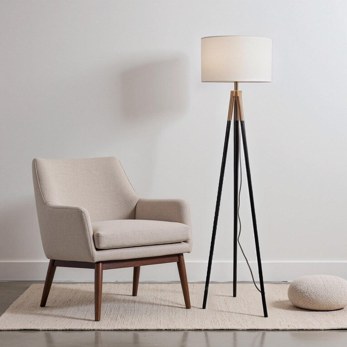 Sway Brassed Gold Floor Lamp with On/Off Switch Triple Legs White Fabric Shade by Ashcroft Furniture at Eve Furniture