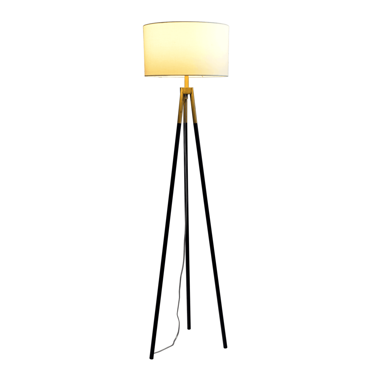 Sway Brassed Gold Floor Lamp with On/Off Switch Triple Legs White Fabric Shade by Ashcroft Imports at Eve Furniture