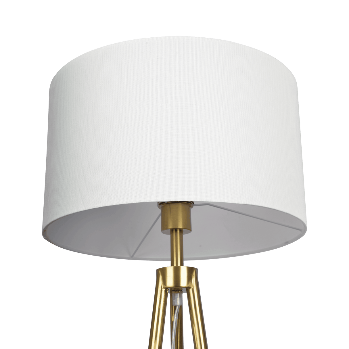 Sway Brassed Gold Floor Lamp with On/Off Switch Triple Legs White Fabric Shade by Ashcroft Imports at Eve Furniture