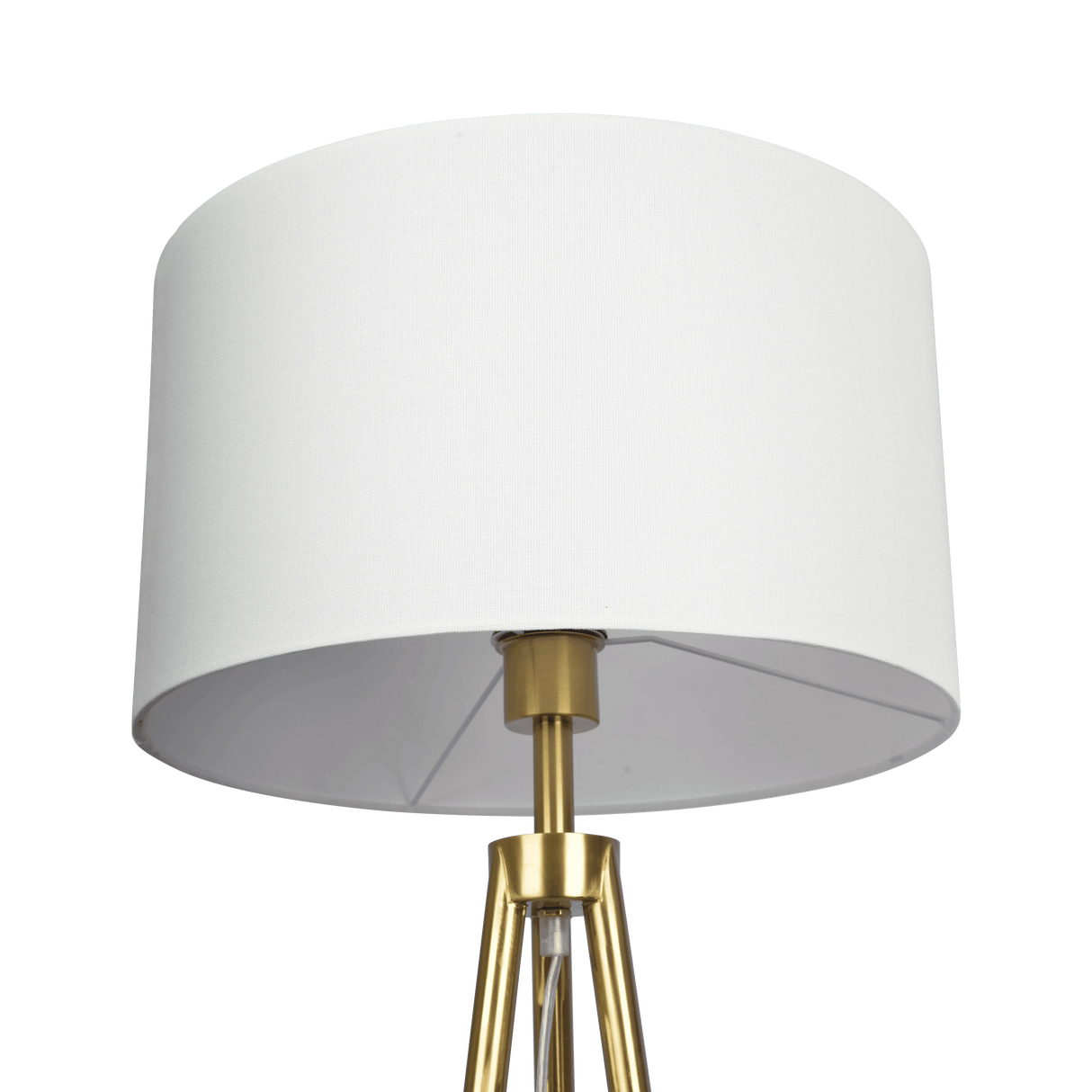 Sway Brassed Gold Floor Lamp with On/Off Switch Triple Legs White Fabric Shade by Ashcroft Furniture at Eve Furniture