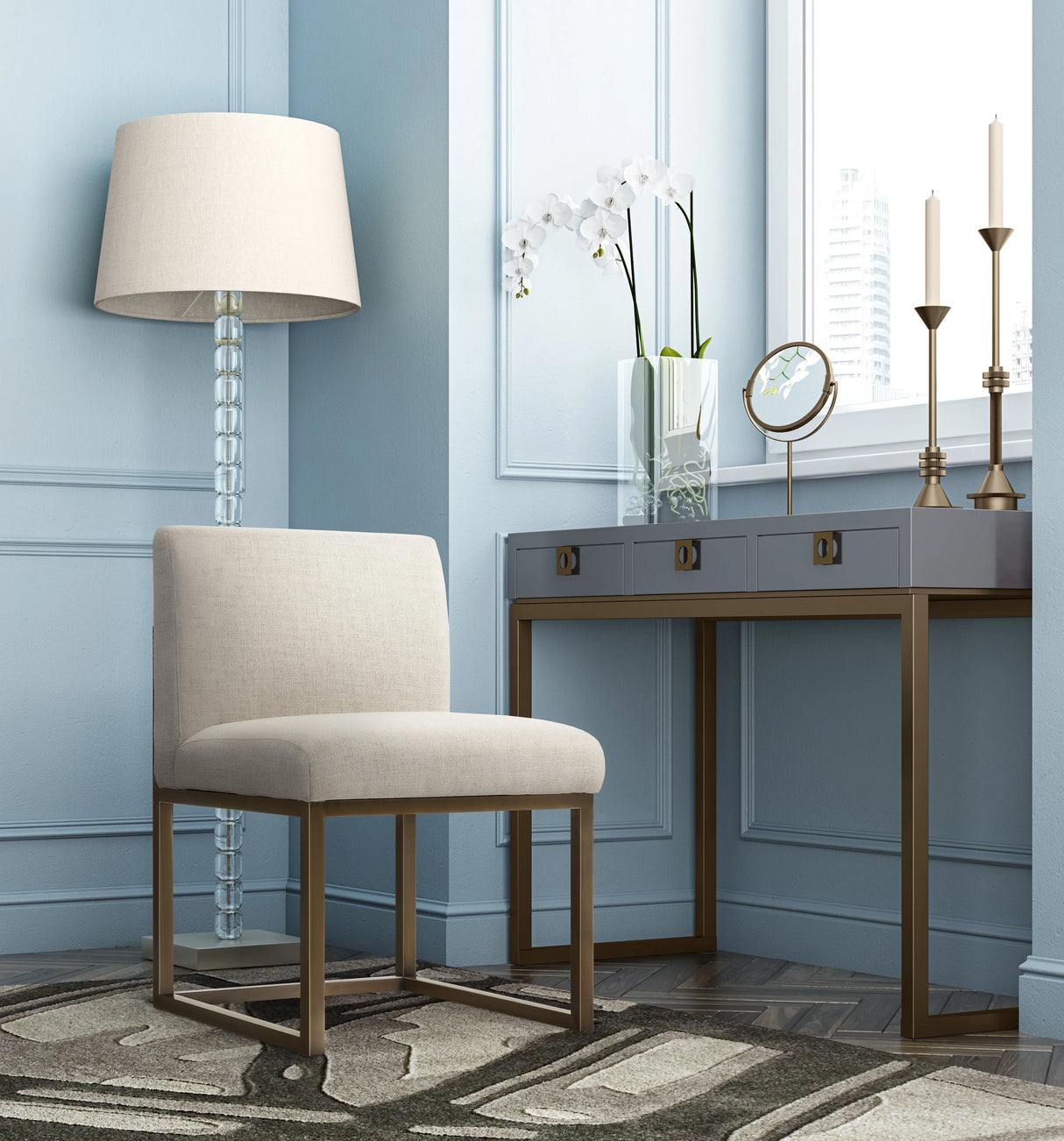 Haute Beige Linen Chair in Brass by TOV Furniture at Eve Furniture