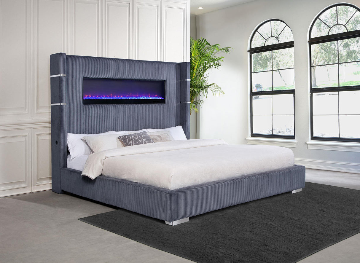 Tisdall Gray 67-inch Upholstered Eastern King Fireplace Bed by Coaster at Eve Furniture