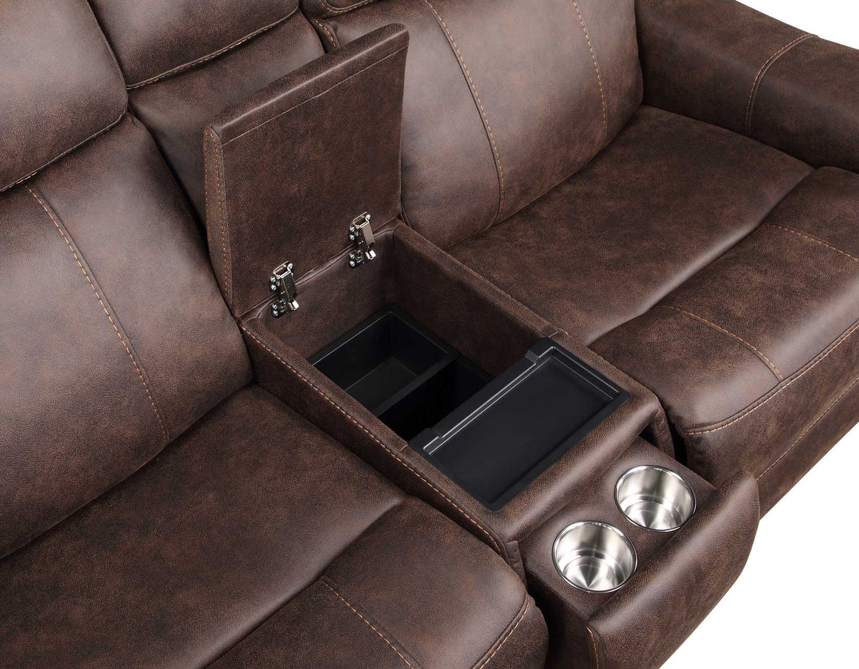 Valencia Walnut Dual Power Leatherette Reclining Loveseat with Console by Steve Silver at Eve Furniture