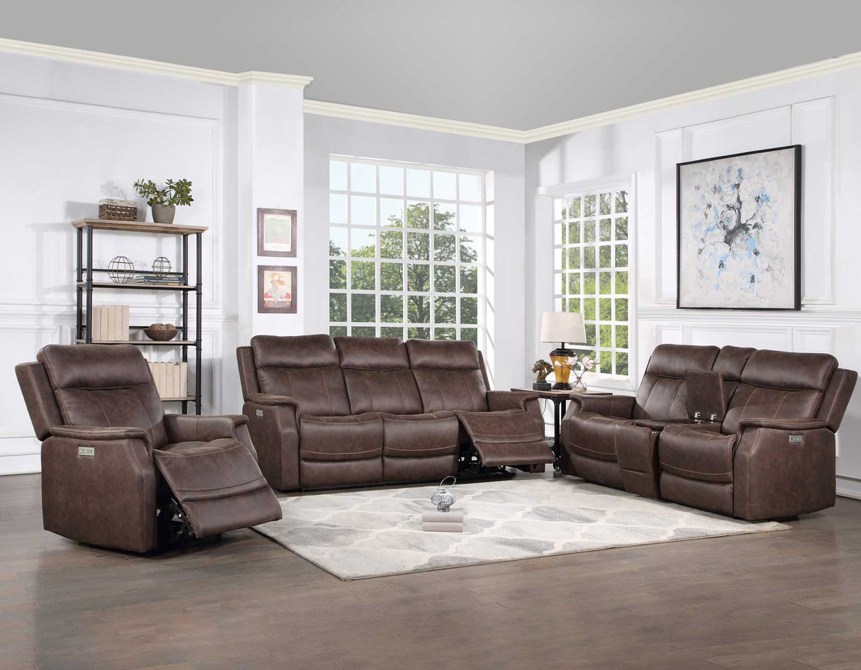 Valencia Walnut Dual Power Leatherette Reclining Loveseat with Console by Steve Silver at Eve Furniture