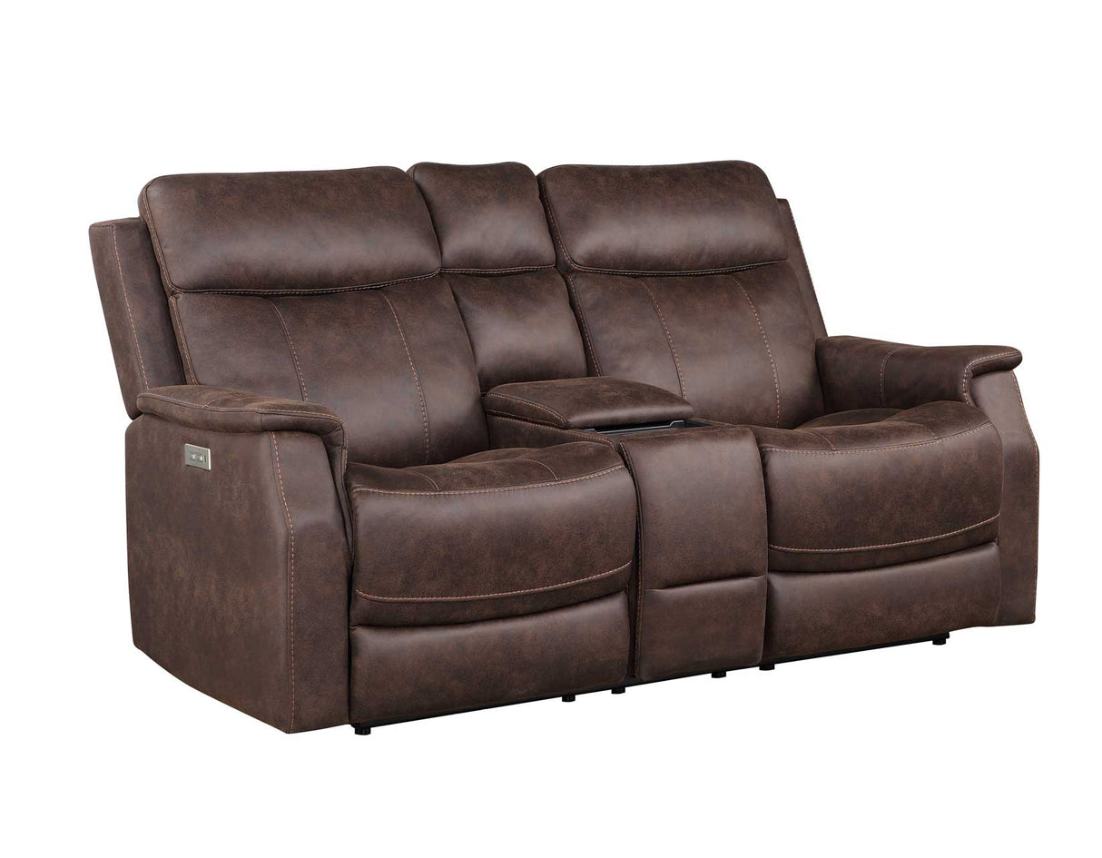 Valencia Walnut Dual Power Leatherette Reclining Loveseat with Console by Steve Silver at Eve Furniture