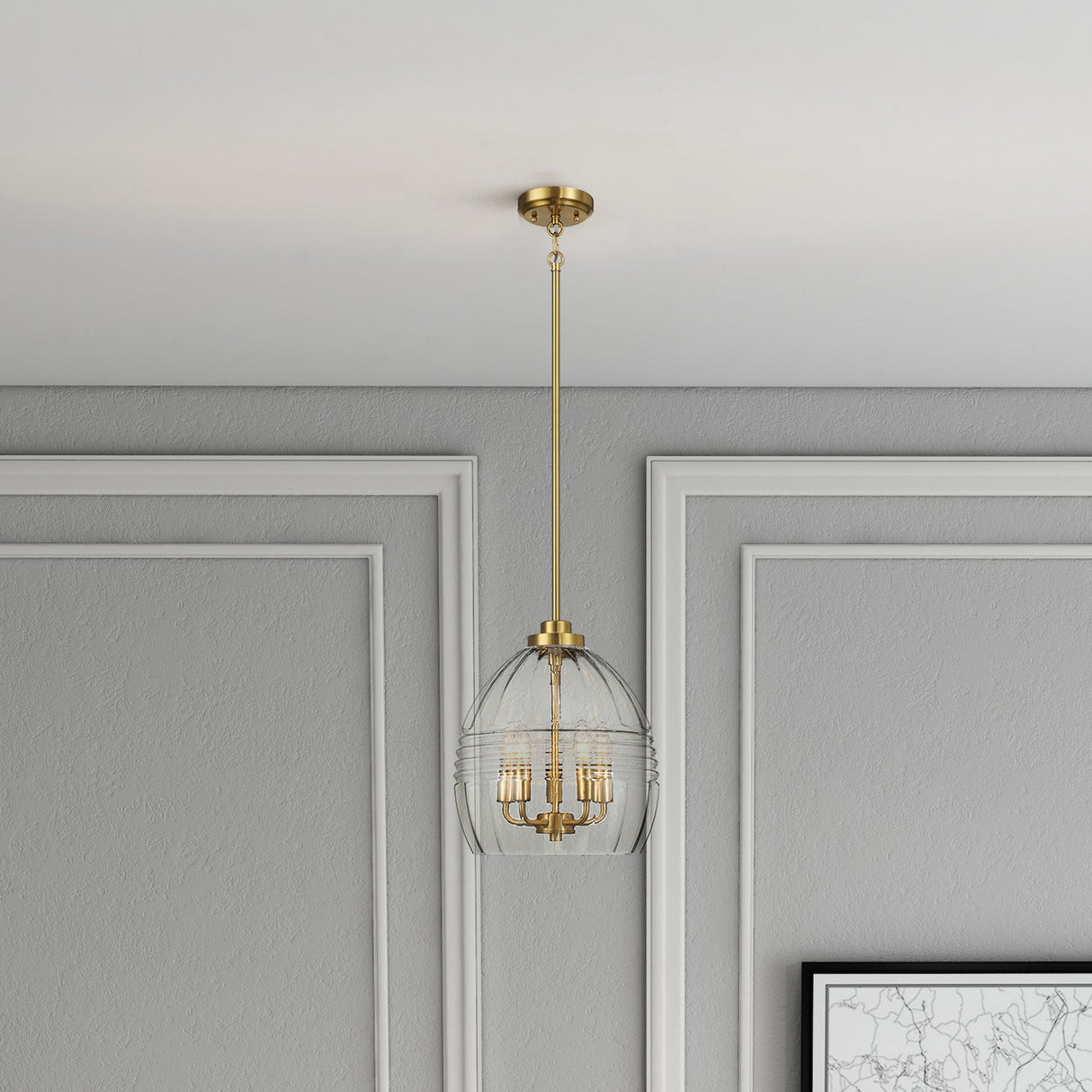 Zen Five Pendant Chain Hanging Light with Clear Glass - Satin Brass by Ashcroft Imports at Eve Furniture