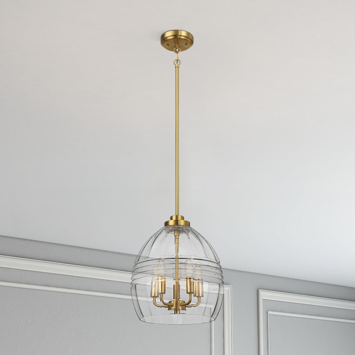 Zen Five Pendant Chain Hanging Light with Clear Glass - Satin Brass by Ashcroft Imports at Eve Furniture