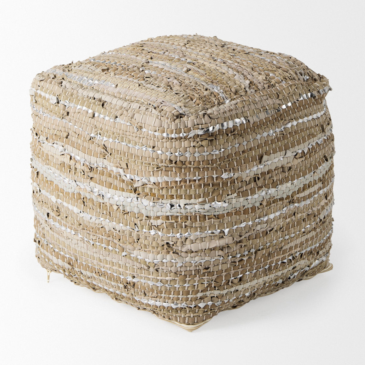 Aadhya 16.0L x 16.0W x 16.0H Taupe/Silver Leather and Cotton Pouf by Mercana at Eve Furniture